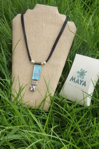 Celestial glass necklace copper blue murano fabric