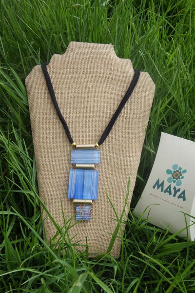 Copper white blue line glass necklace