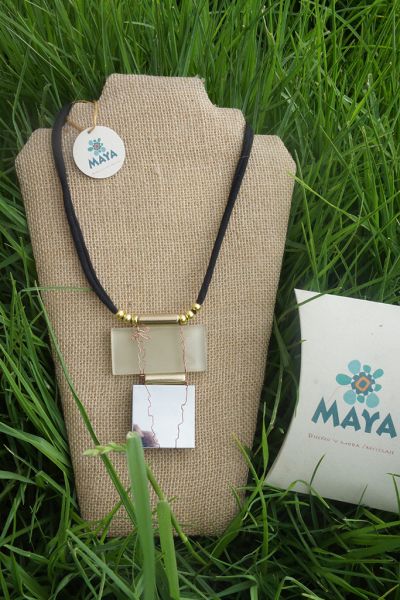Necklace glass silver light beige copper fabric