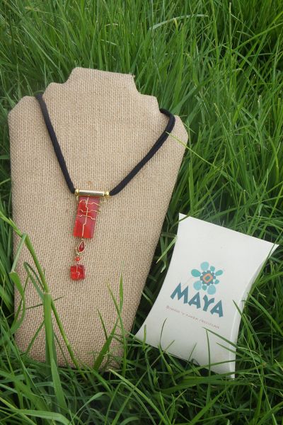Red glass necklace copper red murano fabric