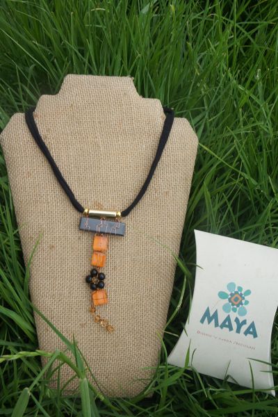 Orange black glass necklace yellow black Murano fabric