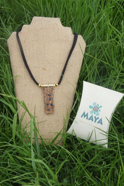 Light brown glass necklace blue murano fabric