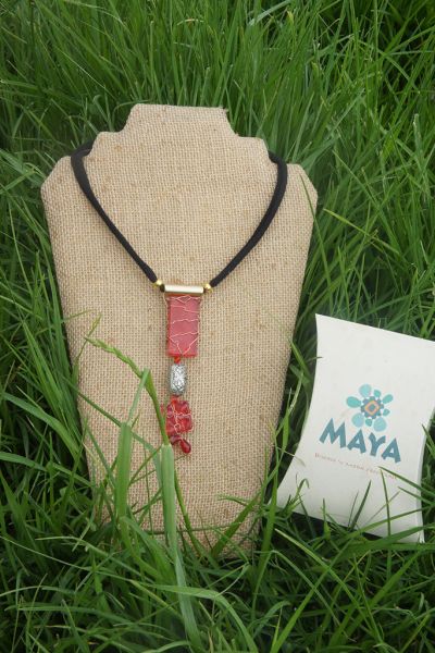 Red glass necklace copper red murano fabric